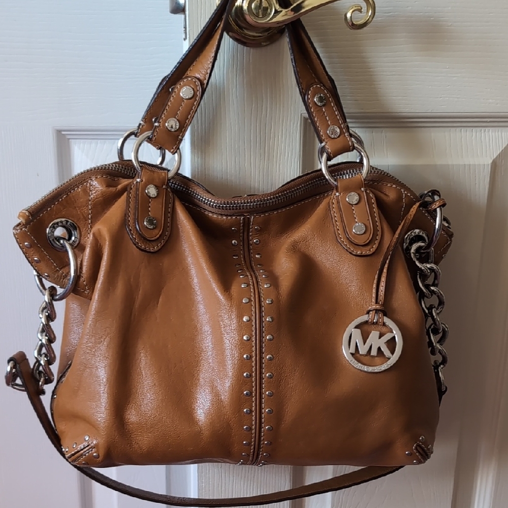 Michael Kors Brown Leather Shoulder Bag with Silver Accents